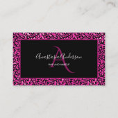 Girly Hot Pink Leopard Spots Chic Black Monogram Visitekaartje (Voorkant)