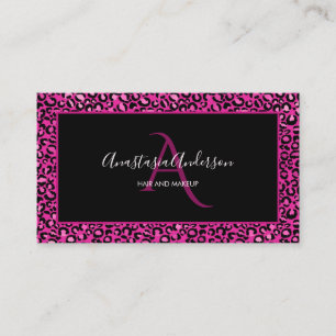 Girly Hot Pink Leopard Spots Chic Black Monogram Visitekaartje