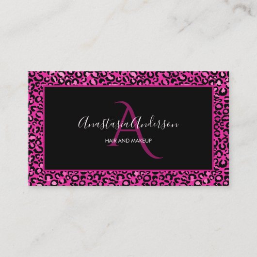 Girly Hot Pink Leopard Spots Chic Black Monogram Visitekaartje (Voorkant)