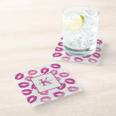 Girly Hot Pink Lips Kisses Monogram Naam Glazen Onderzetter (Schuin)