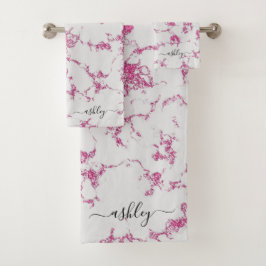 Girly Hot Pink Magenta Glitter Marble Script Naam Bad Handdoek