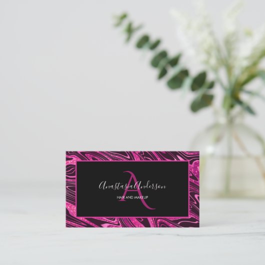 Girly Hot Pink Marble Glitter Fun Elegant Monogram Visitekaartje (Staand voorkant)