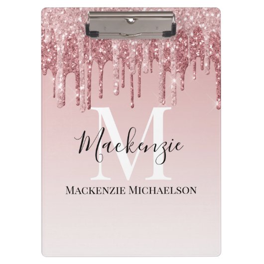 Girly Hot Pink Ombre Glitter Monogram Naam Klembord (Voorkant)