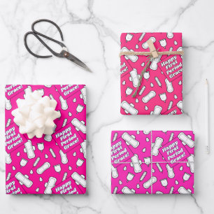 Girly Hot Pink Pad Patroon Tekst Eerste Periode Pa Inpakpapier Vel