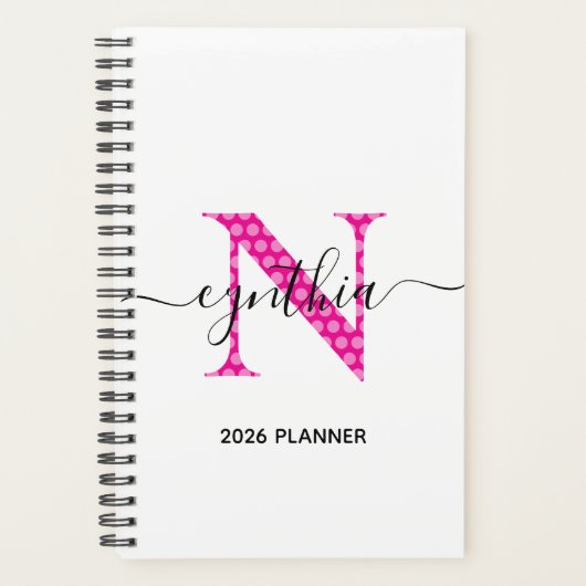 Girly Hot Pink Polka Dot Monogram Planner (Voorkant)