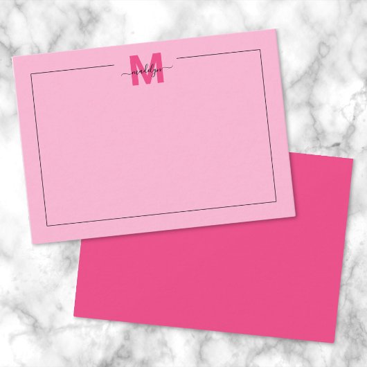 Girly Hot Pink Script Naam Monogram Notitiekaartje