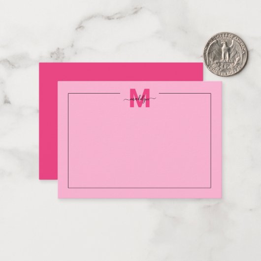 Girly Hot Pink Script Naam Monogram Notitiekaartje (Voorkant / Achterkant in situ)