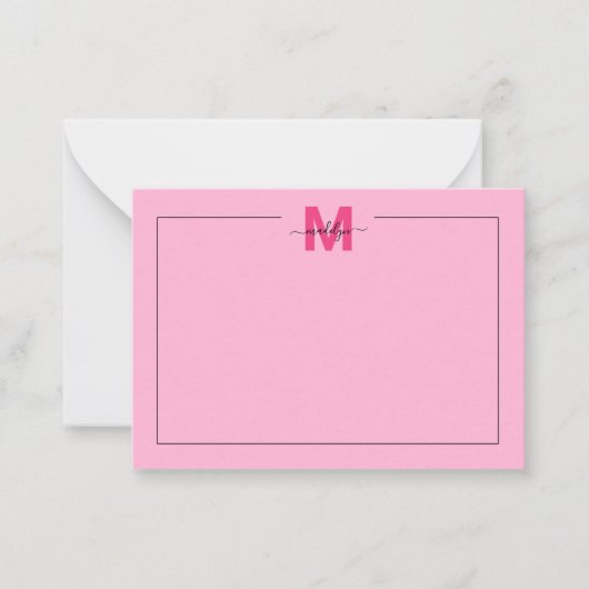 Girly Hot Pink Script Naam Monogram Notitiekaartje (Voorkant)