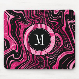 Girly Hot Pink zwarte marmer Glam Glitter Monogram Muismat