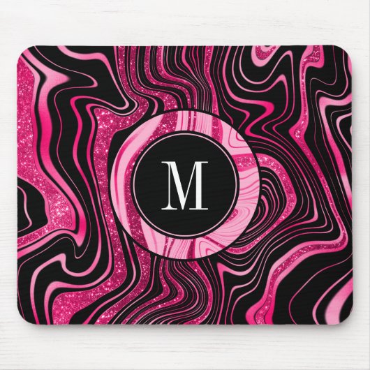 Girly Hot Pink zwarte marmer Glam Glitter Monogram Muismat (Voorkant)