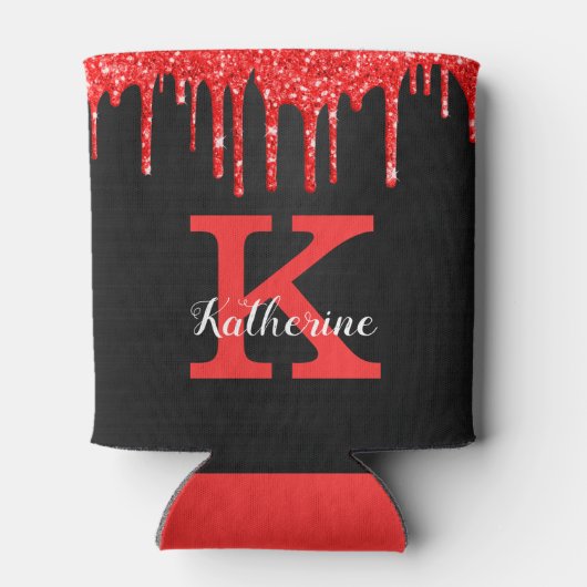 Girly Hot Red Black Glitter Drift Monogram Naam Blikjeskoeler (Achterkant)