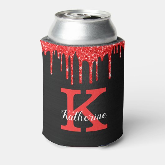 Girly Hot Red Black Glitter Drift Monogram Naam Blikjeskoeler (Blikje Achterkant)