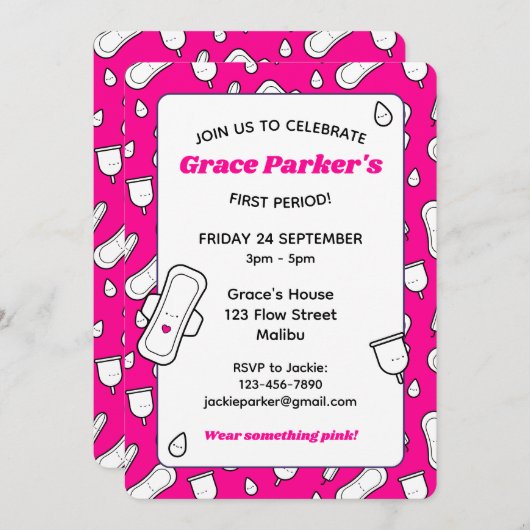 Girly Hot Roze Cartoon Pad Eerste Periode Partij Kaart (Voorkant / Achterkant)