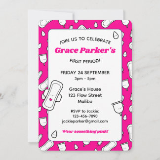 Girly Hot Roze Cartoon Pad Eerste Periode Partij Kaart