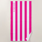 Girly Hot Roze Witte Cabana Strip gepersonaliseerd Strandlaken (Voorkant)