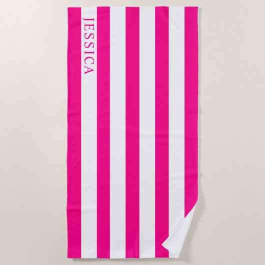 Girly Hot Roze Witte Cabana Strip gepersonaliseerd Strandlaken (Voorkant)