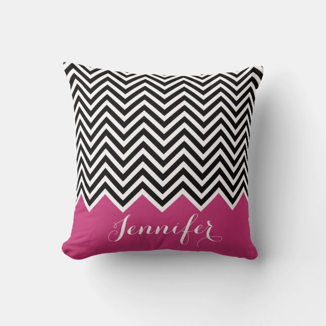 GIRLY HOT roze zwart-wit Chevron Aangepast Kussen (Voorkant)