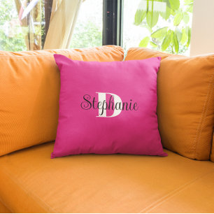 Girly Hot Roze Zwart-wit Modern Monogram Kussen