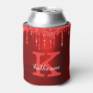 Girly Hot Ruby Red Glitter Drift Monogram Naam Blikjeskoeler