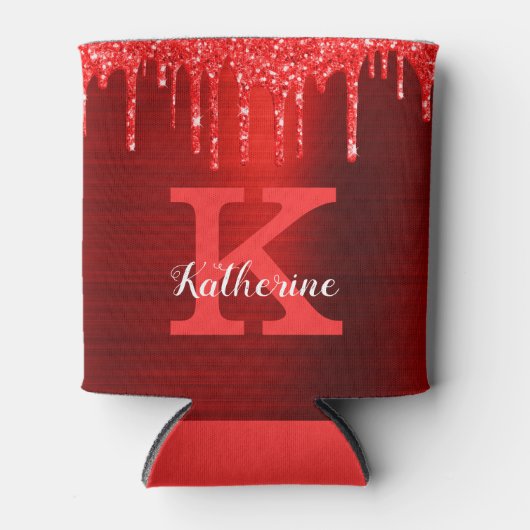 Girly Hot Ruby Red Glitter Drift Monogram Naam Blikjeskoeler (Voorkant)