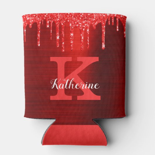 Girly Hot Ruby Red Glitter Drift Monogram Naam Blikjeskoeler (Achterkant)