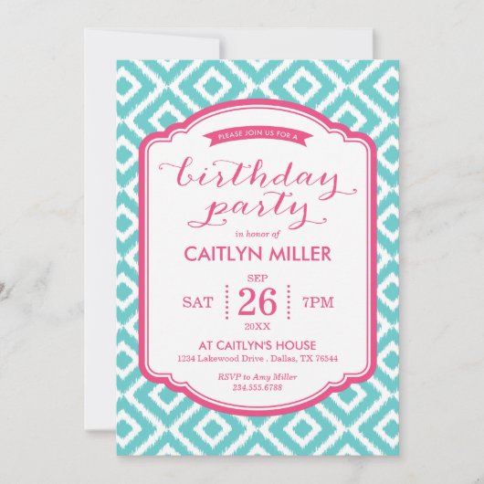 Girly Ikat Diamonds Birthday Party Kaart (Voorkant)