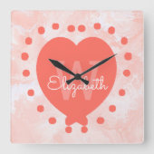 Girly Initiaal Monogram Koral Waterverf Heart Vierkante Klok (Voorkant)