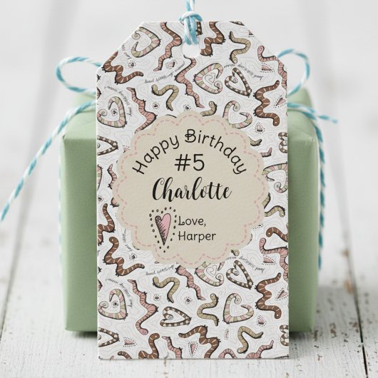 Girly Insects Heart Worm-ing Wishes Verjaardag Cadeaulabel