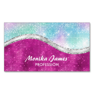 Girly iriserend roze zilveren faux glitter monogra magnetisch visitekaartje