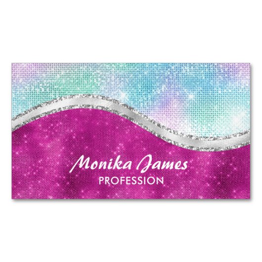 Girly iriserend roze zilveren faux glitter monogra magnetisch visitekaartje (Voorkant)