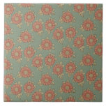 Girly  Japans Floral Tegeltje<br><div class="desc">bloempatroon aangepast aan het antiek collectie van traditionele Japanse illustraties met warme pastelkoraalbloemen en lichte goudbladeren op een zachte jachtgroene achtergrond.</div>