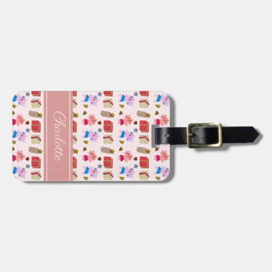 Girly Katten En Cadeaus Patroon Blush Roze Reizen Bagagelabel (Voorkant horizontaal)