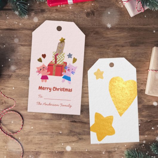 Girly katten en cadeaus ster hart roze Kerst Cadeaulabels