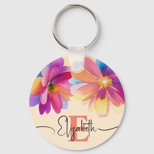Girly Kleurrijke Pastel Waterverf Bloem Monogram Sleutelhanger (Voorkant)