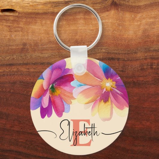 Girly Kleurrijke Pastel Waterverf Bloem Monogram Sleutelhanger (Voorkant)
