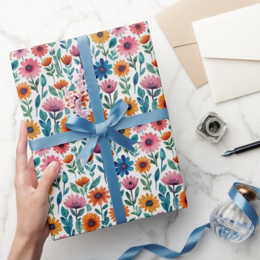 Girly Kleurrijke Tuin Bloemen Waterverf Patroon Cadeaupapier (Geschenken)