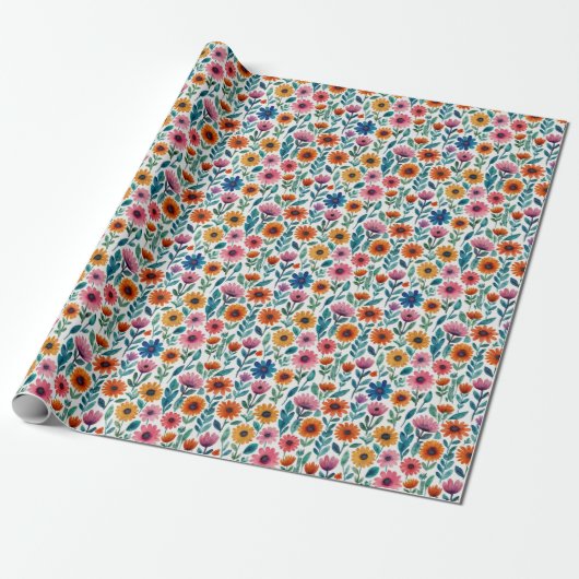 Girly Kleurrijke Tuin Bloemen Waterverf Patroon Cadeaupapier (Uitgerold)