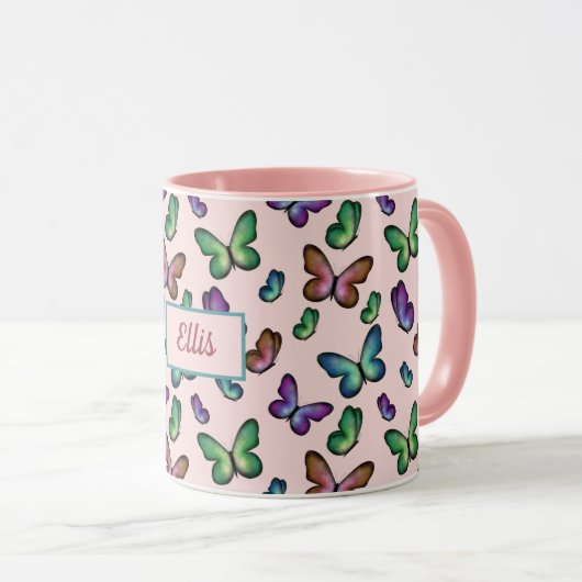 Girly Kleurrijke vlinders patroon voeg jouw namen Mok (Voorkant rechts)