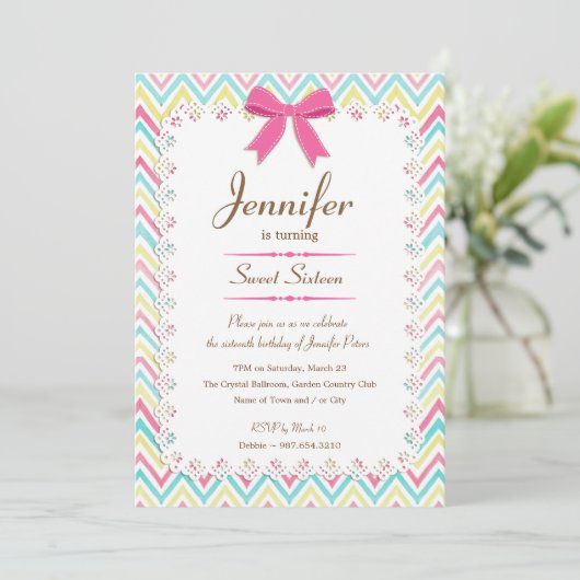 Girly Lace Waterverf Chevron Pink Bow Sweet 16 Kaart (Staand voorkant)
