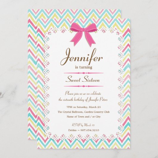 Girly Lace Waterverf Chevron Pink Bow Sweet 16 Kaart (Voorkant / Achterkant)