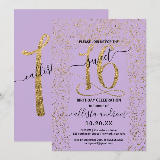 Girly Lavendel Goud Confetti Border Sweet 16 Kaart (Voorkant / Achterkant)