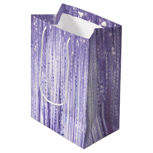 Girly Lavendel Paarse Glam Tinsel Stripes Medium Cadeauzakje (Voorkant Gekanteld)