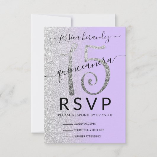 Girly Lavendel Zilveren Glitter Ombre Quinceañera RSVP Kaartje (Voorkant)