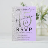 Girly Lavendel Zilveren Glitter Ombre Quinceañera RSVP Kaartje (Staand voorkant)