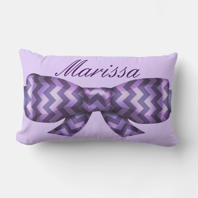 Girly Lavender Chevrons Bow & Name Kussen (Voorkant)