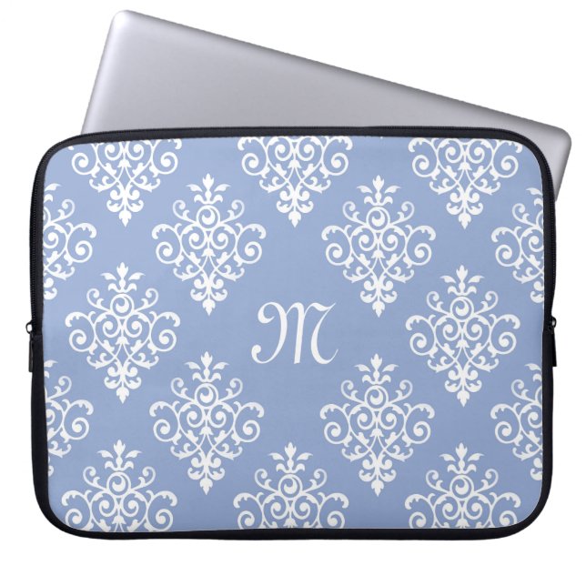 Girly Lavender Damask Pattern met een oebel monogr Laptop Sleeve (Voorkant)
