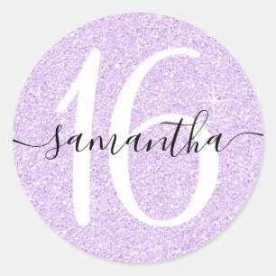 Girly Lavender Faux Glitter Personalized 16 Ronde Sticker