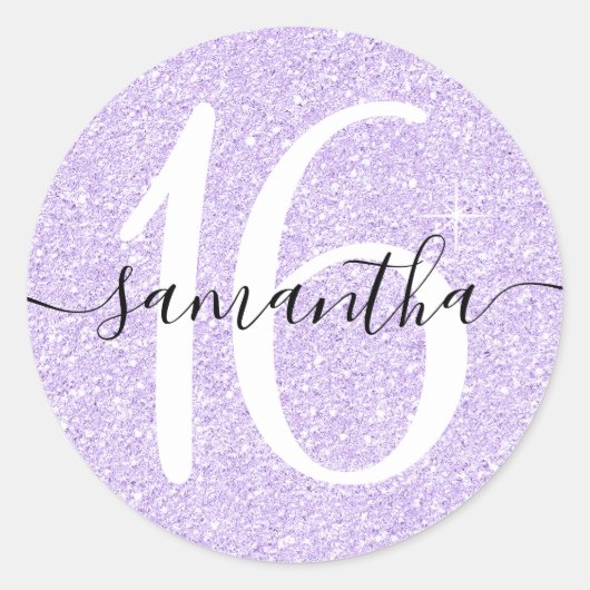 Girly Lavender Faux Glitter Personalized 16 Ronde Sticker (Voorkant)