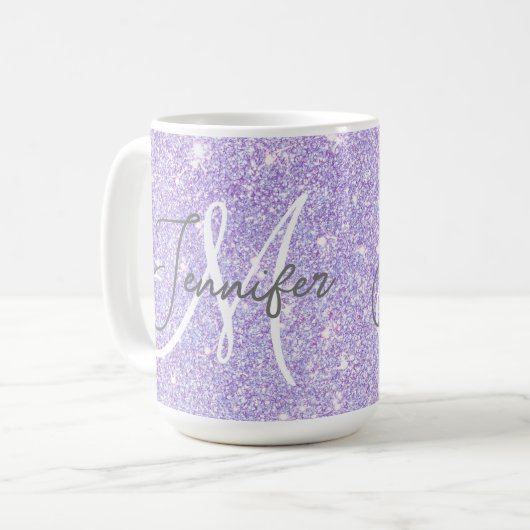 Girly Lavender Paars Glitter Blush Monogram name Koffiemok (Voorkant links)