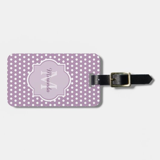 Girly Lavender Paars Polka Dots Monogram en naam Bagagelabel (Voorkant horizontaal)